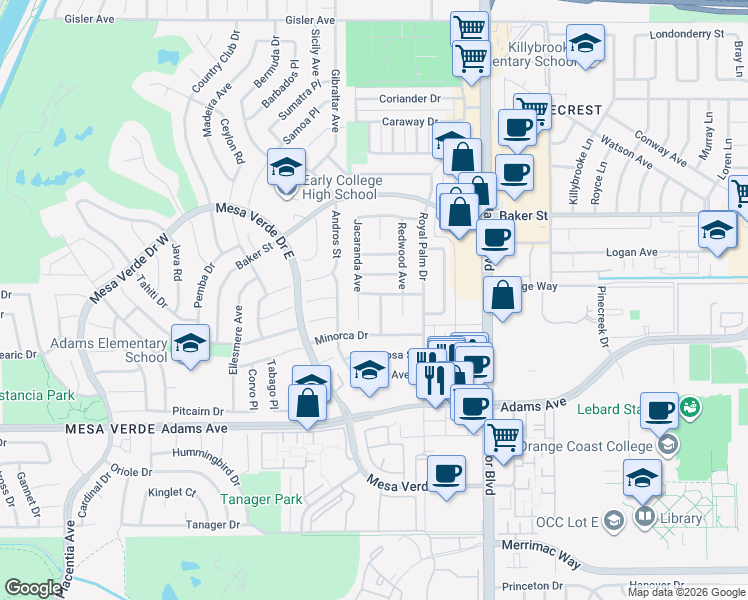 map of restaurants, bars, coffee shops, grocery stores, and more near 2925 Chestnut Avenue in Costa Mesa