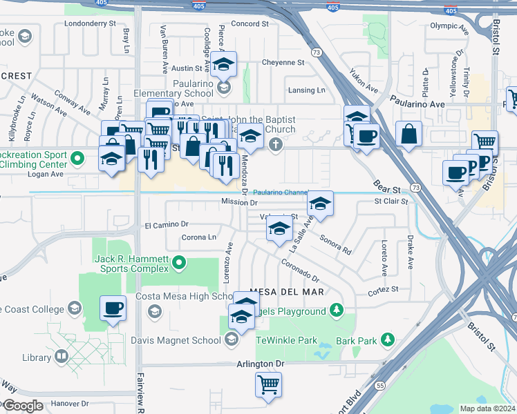 map of restaurants, bars, coffee shops, grocery stores, and more near 1033 Mission Drive in Costa Mesa