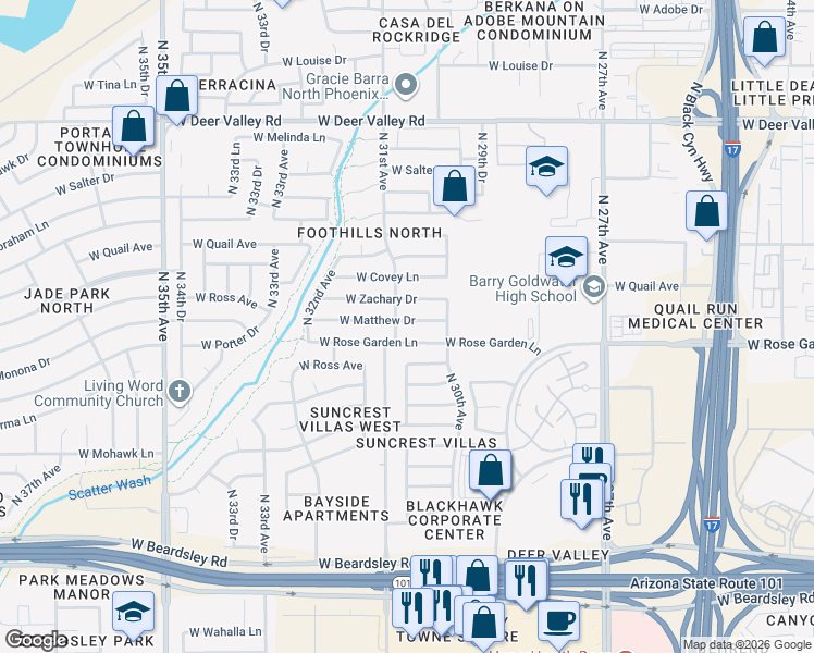 map of restaurants, bars, coffee shops, grocery stores, and more near 3039 West Matthew Drive in Phoenix