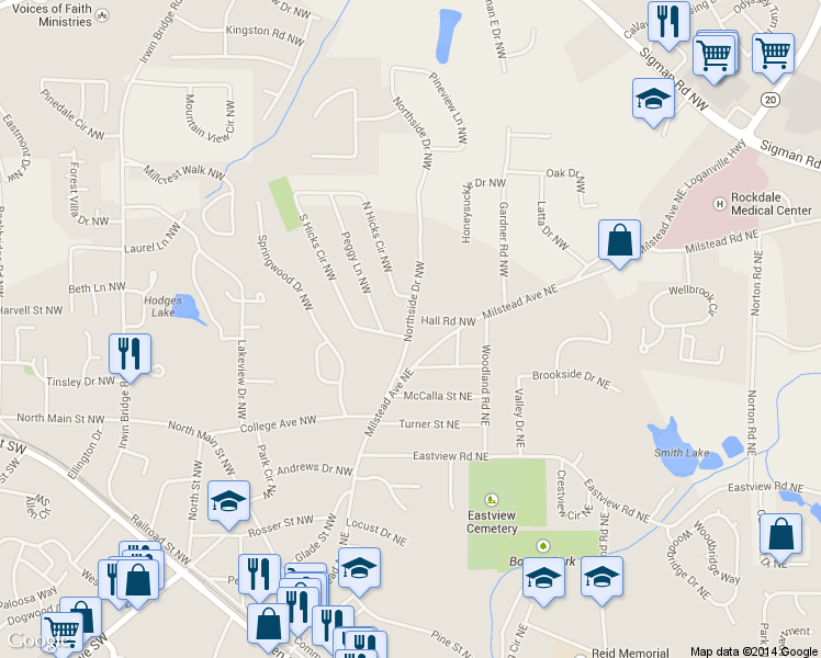 map of restaurants, bars, coffee shops, grocery stores, and more near 1265 Northside Drive Northwest in Conyers