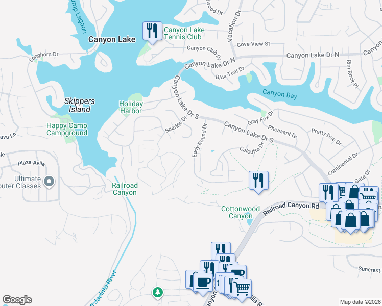 map of restaurants, bars, coffee shops, grocery stores, and more near 30517 Early Round Drive in Canyon Lake