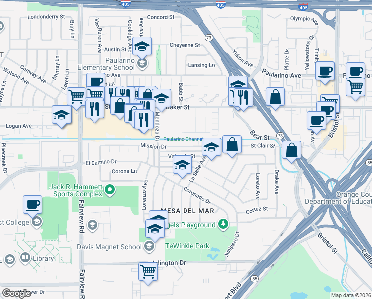 map of restaurants, bars, coffee shops, grocery stores, and more near 989 Valencia Street in Costa Mesa