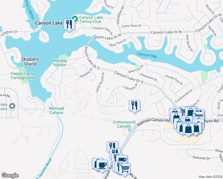 map of restaurants, bars, coffee shops, grocery stores, and more near 22684 Calcutta Dr in Canyon Lake