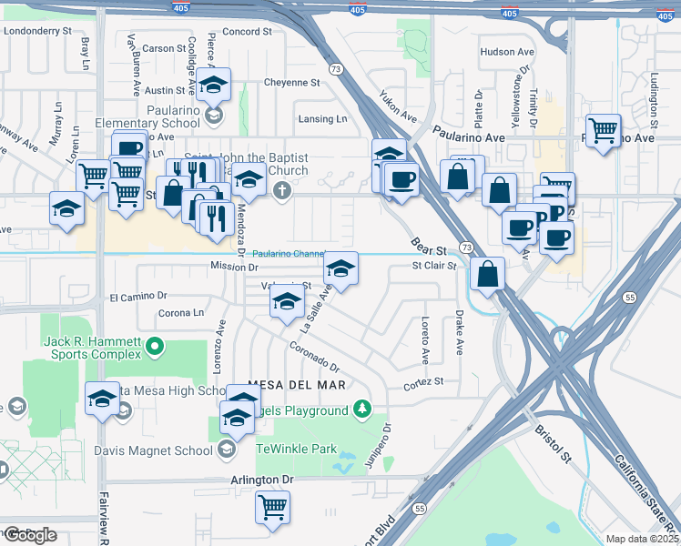 map of restaurants, bars, coffee shops, grocery stores, and more near 2880 La Salle Avenue in Costa Mesa
