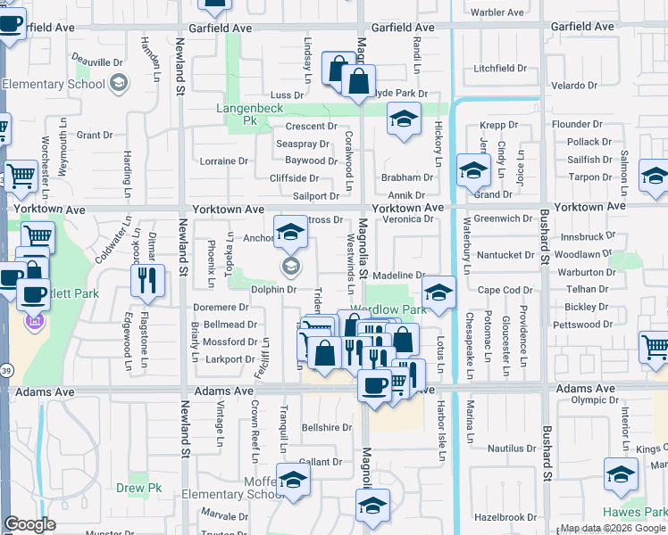 map of restaurants, bars, coffee shops, grocery stores, and more near 19711 Trident Lane in Huntington Beach
