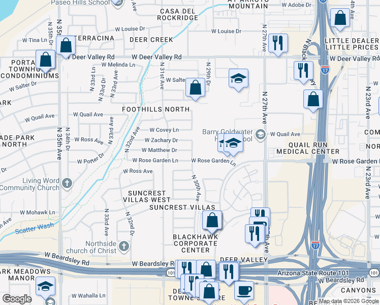 map of restaurants, bars, coffee shops, grocery stores, and more near 21001 North 30th Avenue in Phoenix