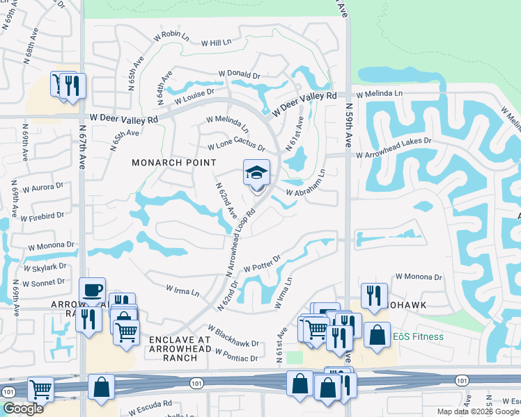 map of restaurants, bars, coffee shops, grocery stores, and more near 21032 North 61st Drive in Glendale