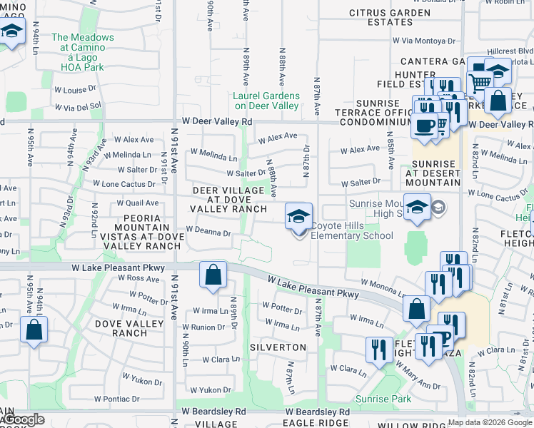 map of restaurants, bars, coffee shops, grocery stores, and more near in Peoria