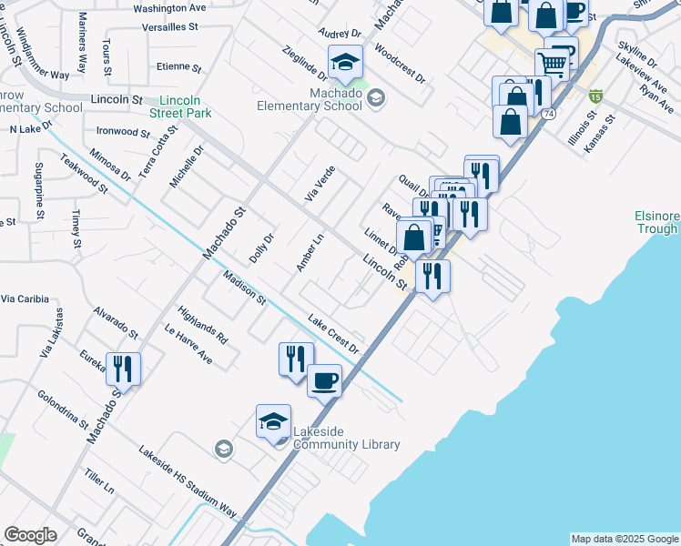 map of restaurants, bars, coffee shops, grocery stores, and more near 15177 Lincoln Street in Lake Elsinore