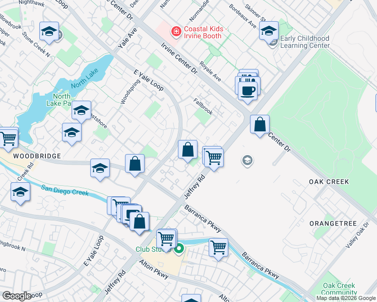 map of restaurants, bars, coffee shops, grocery stores, and more near 55 Eastshore in Irvine