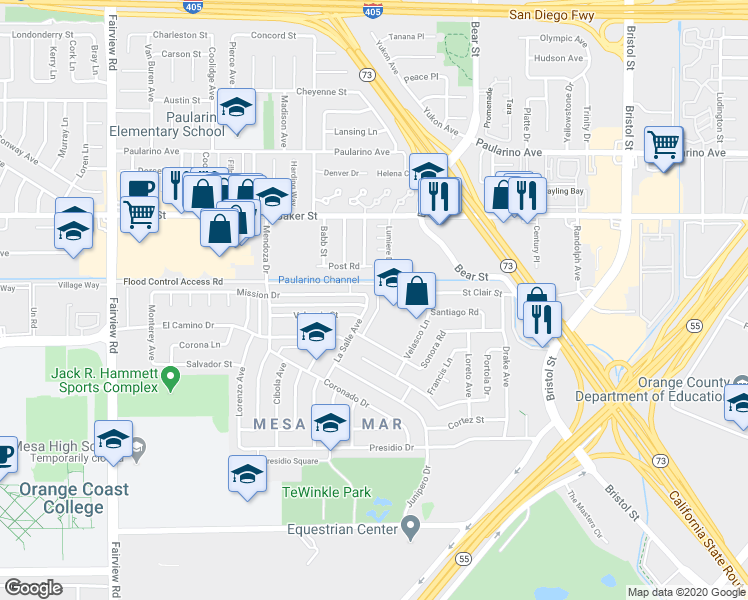map of restaurants, bars, coffee shops, grocery stores, and more near 2864 La Salle Avenue in Costa Mesa