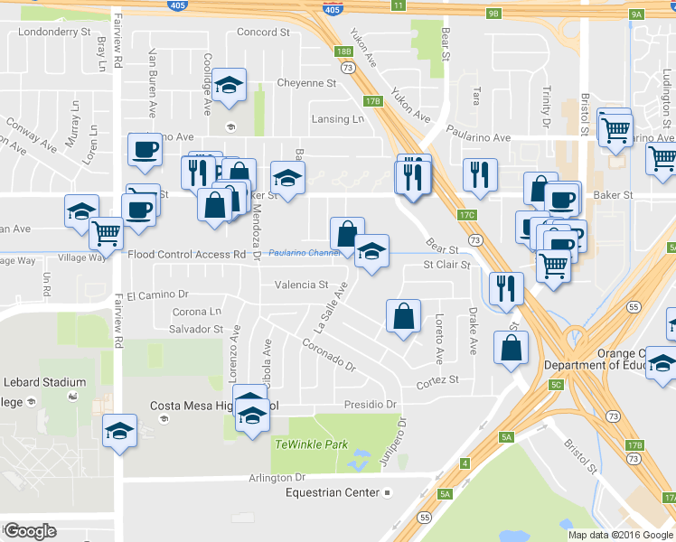 map of restaurants, bars, coffee shops, grocery stores, and more near 2864 La Salle Avenue in Costa Mesa
