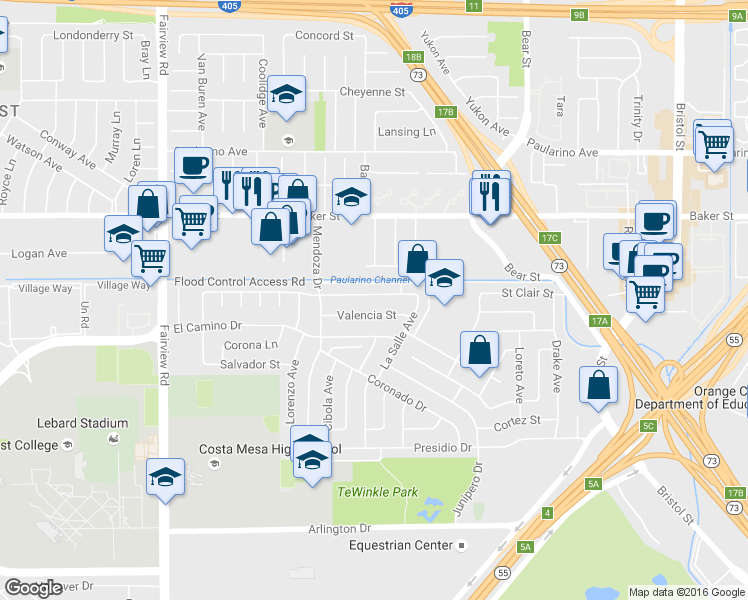 map of restaurants, bars, coffee shops, grocery stores, and more near 989 Valencia Street in Costa Mesa