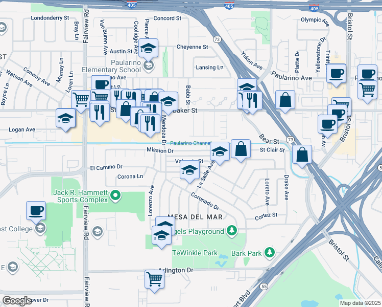 map of restaurants, bars, coffee shops, grocery stores, and more near 989 Valencia Street in Costa Mesa