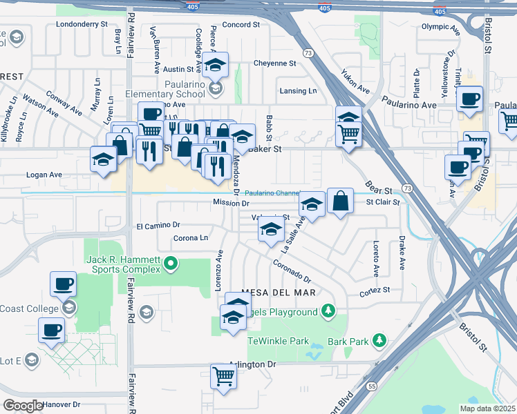 map of restaurants, bars, coffee shops, grocery stores, and more near 1027 Valencia Street in Costa Mesa