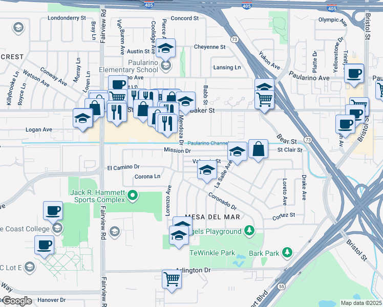 map of restaurants, bars, coffee shops, grocery stores, and more near 1027 Valencia Street in Costa Mesa