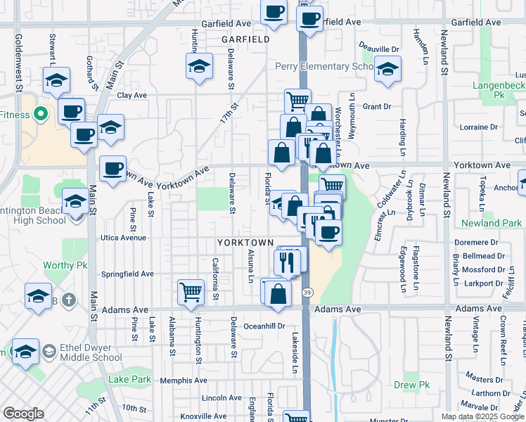 map of restaurants, bars, coffee shops, grocery stores, and more near 2116 Hess Circle in Huntington Beach