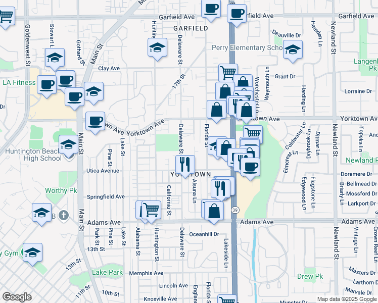 map of restaurants, bars, coffee shops, grocery stores, and more near 2114 Delaware Street in Huntington Beach