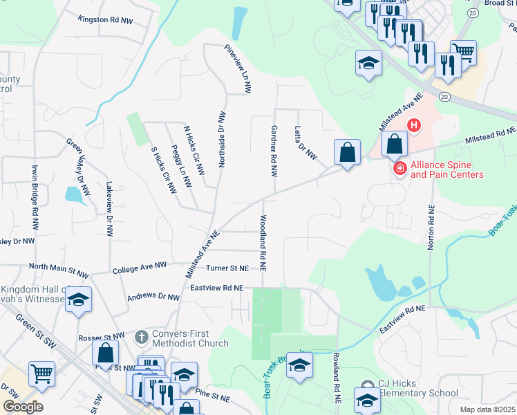 map of restaurants, bars, coffee shops, grocery stores, and more near 1268 Woodland Road Northeast in Conyers