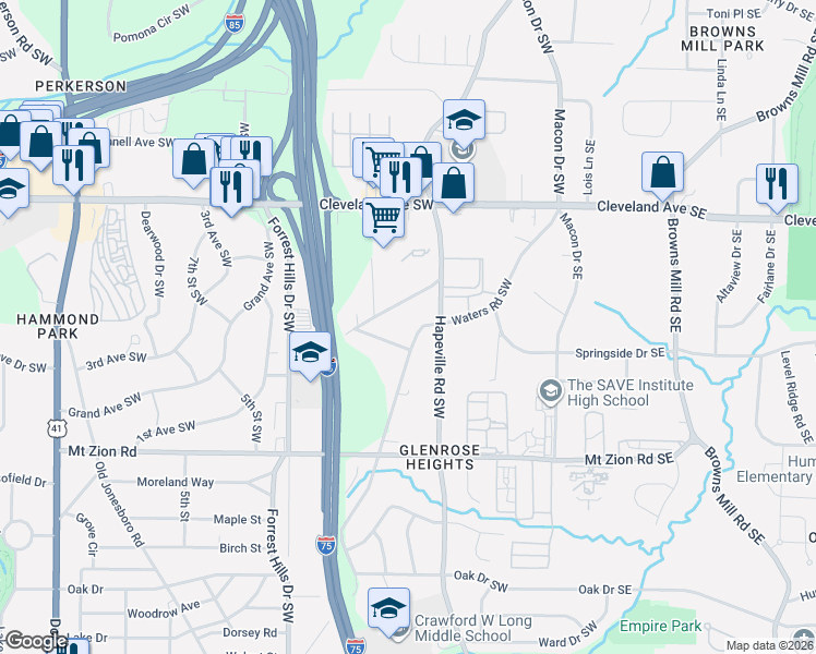 map of restaurants, bars, coffee shops, grocery stores, and more near 2889 Waters Road Southwest in Atlanta