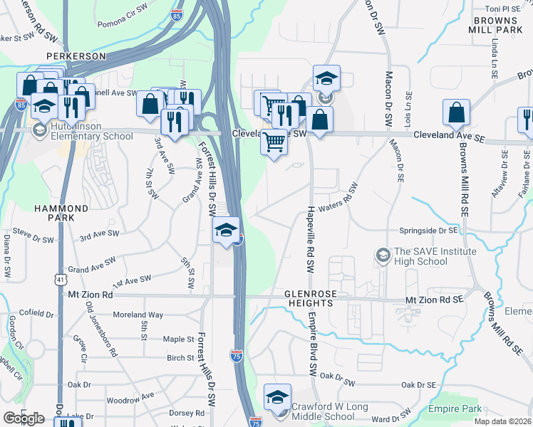 map of restaurants, bars, coffee shops, grocery stores, and more near 40 Baker Drive Southwest in Atlanta