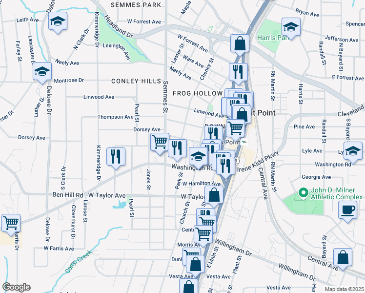 map of restaurants, bars, coffee shops, grocery stores, and more near 2889 Church Street in Atlanta
