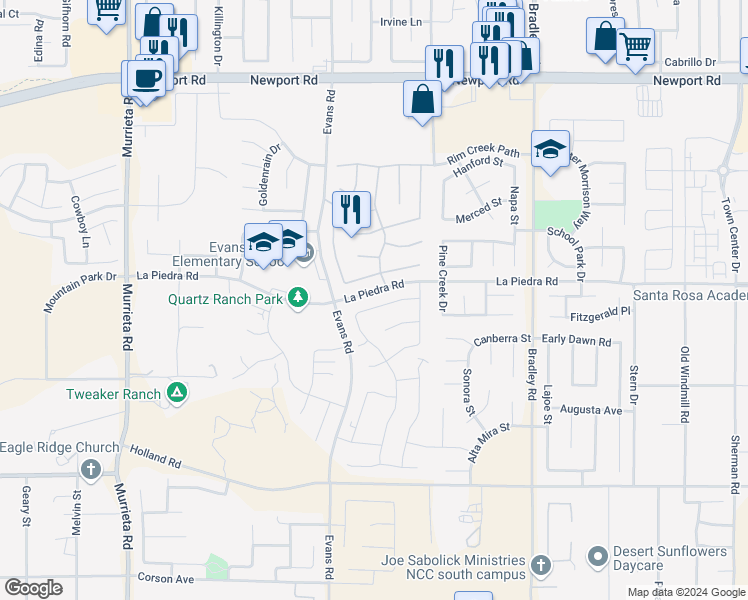 map of restaurants, bars, coffee shops, grocery stores, and more near 26562 Penny Hedge Drive in Menifee