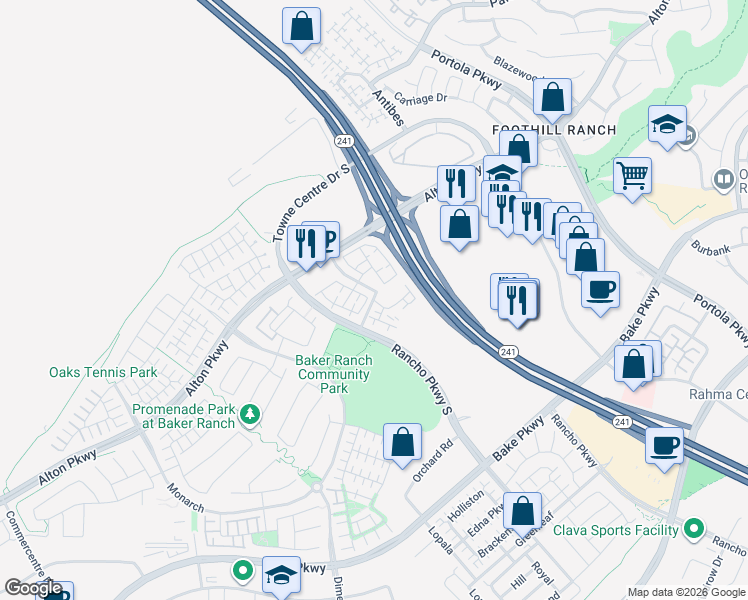 map of restaurants, bars, coffee shops, grocery stores, and more near 600 Sunflower in Lake Forest