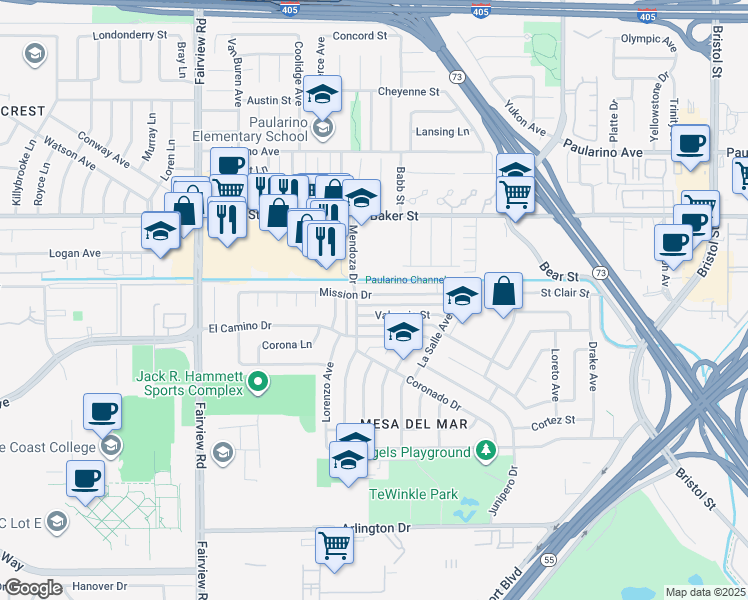 map of restaurants, bars, coffee shops, grocery stores, and more near 1033 Mission Drive in Costa Mesa