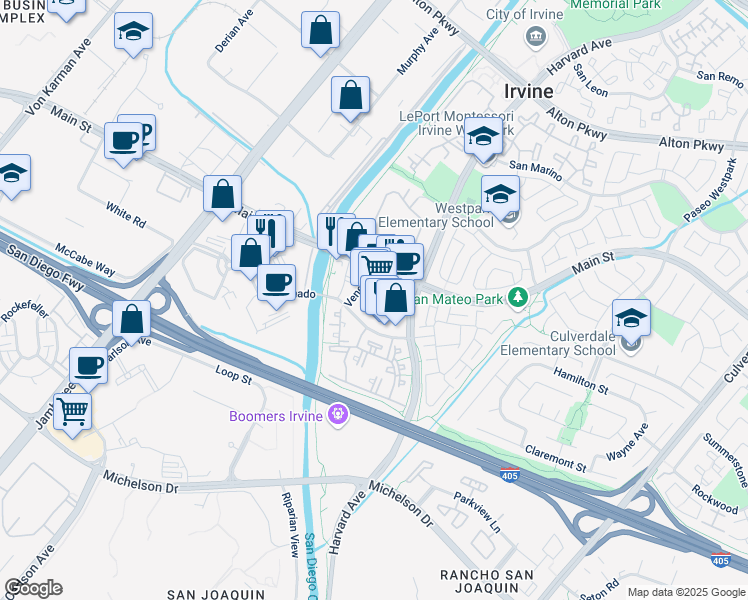 map of restaurants, bars, coffee shops, grocery stores, and more near 17575 - 17675 Harvard Avenue in Irvine