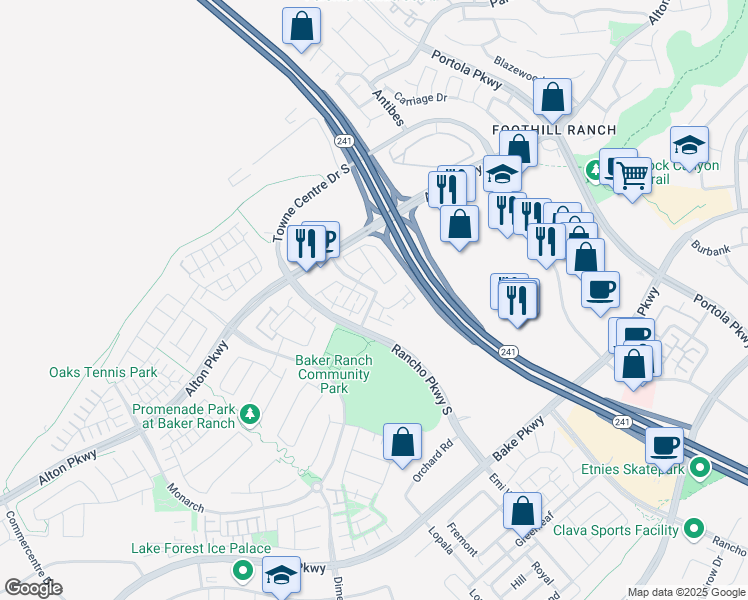 map of restaurants, bars, coffee shops, grocery stores, and more near 600 Sunflower in Lake Forest