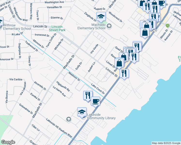 map of restaurants, bars, coffee shops, grocery stores, and more near 1030 Amber Lane in Lake Elsinore