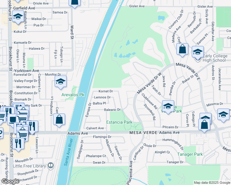 map of restaurants, bars, coffee shops, grocery stores, and more near 1977 Kornat Drive in Costa Mesa