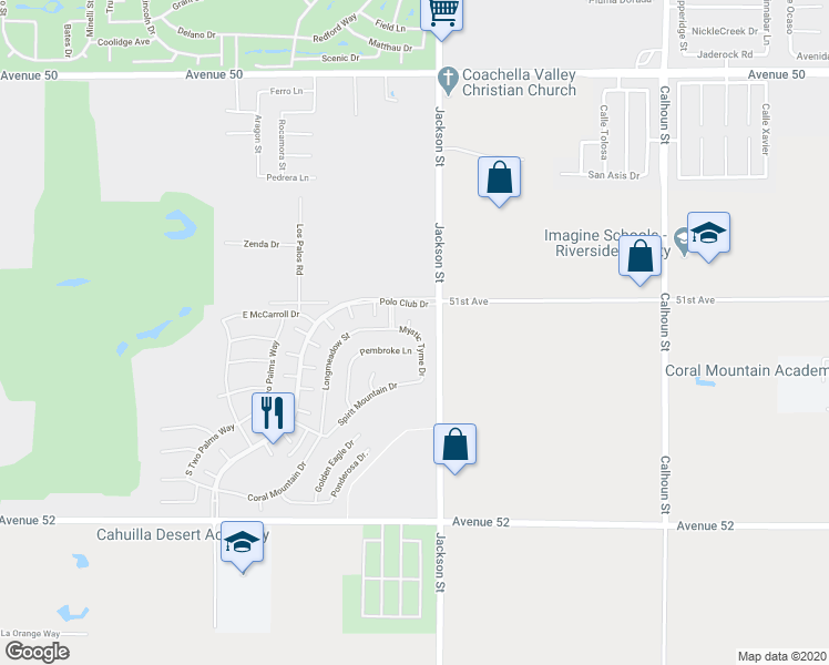 map of restaurants, bars, coffee shops, grocery stores, and more near 51230 Mystic Tyme Drive in Indio