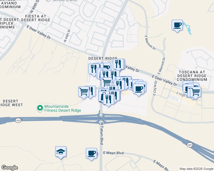 map of restaurants, bars, coffee shops, grocery stores, and more near 21001 North Tatum Boulevard in Phoenix