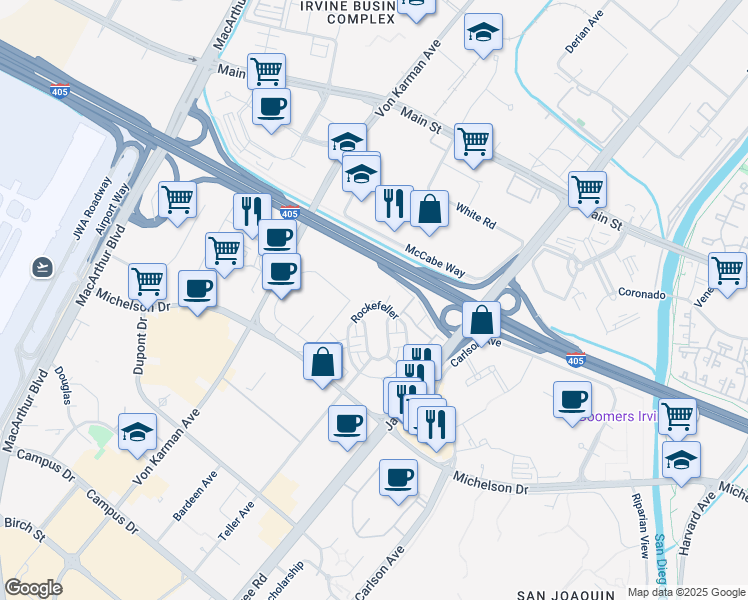 map of restaurants, bars, coffee shops, grocery stores, and more near 401 Rockefeller in Irvine