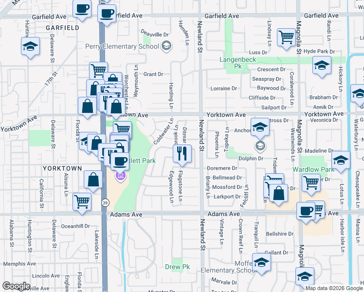 map of restaurants, bars, coffee shops, grocery stores, and more near 19661 Ditmar Lane in Huntington Beach