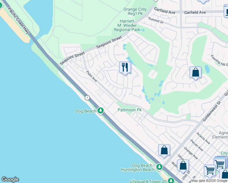 map of restaurants, bars, coffee shops, grocery stores, and more near 19595 Oakdale Lane in Huntington Beach