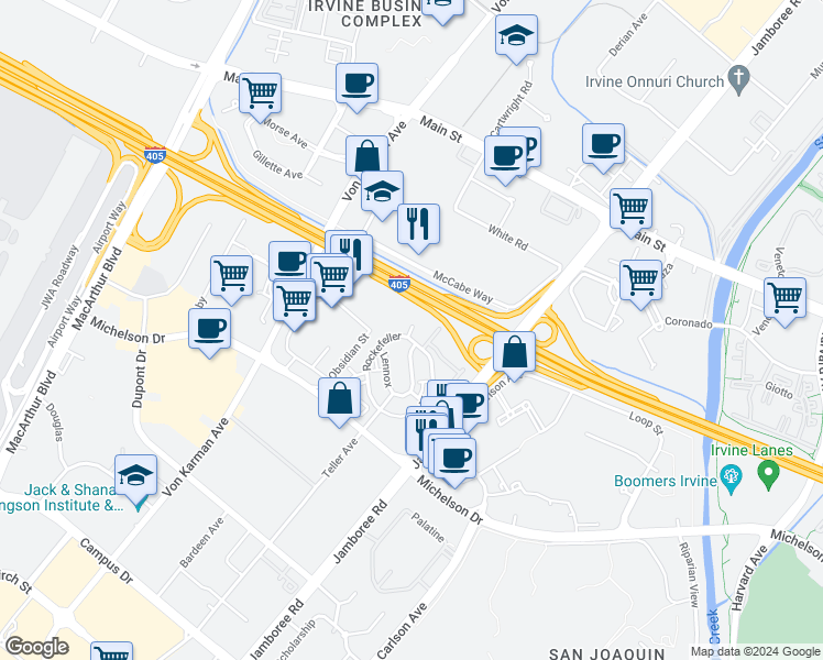 map of restaurants, bars, coffee shops, grocery stores, and more near 1218 Nolita in Irvine