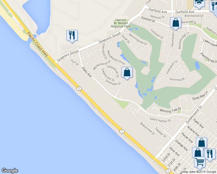 map of restaurants, bars, coffee shops, grocery stores, and more near 19595 Oakdale Lane in Huntington Beach