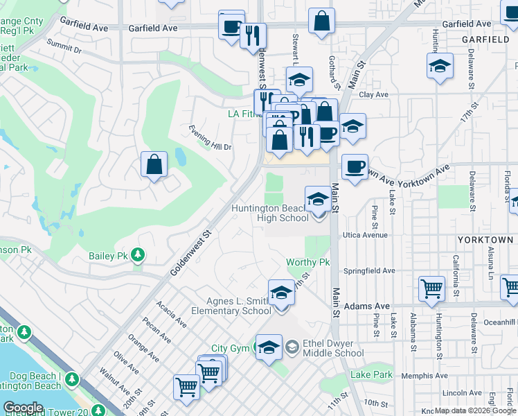 map of restaurants, bars, coffee shops, grocery stores, and more near 19601 Seagull Lane in Huntington Beach
