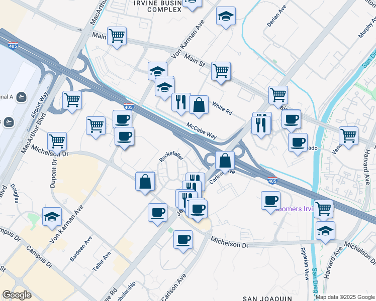map of restaurants, bars, coffee shops, grocery stores, and more near 197 Bowery in Irvine