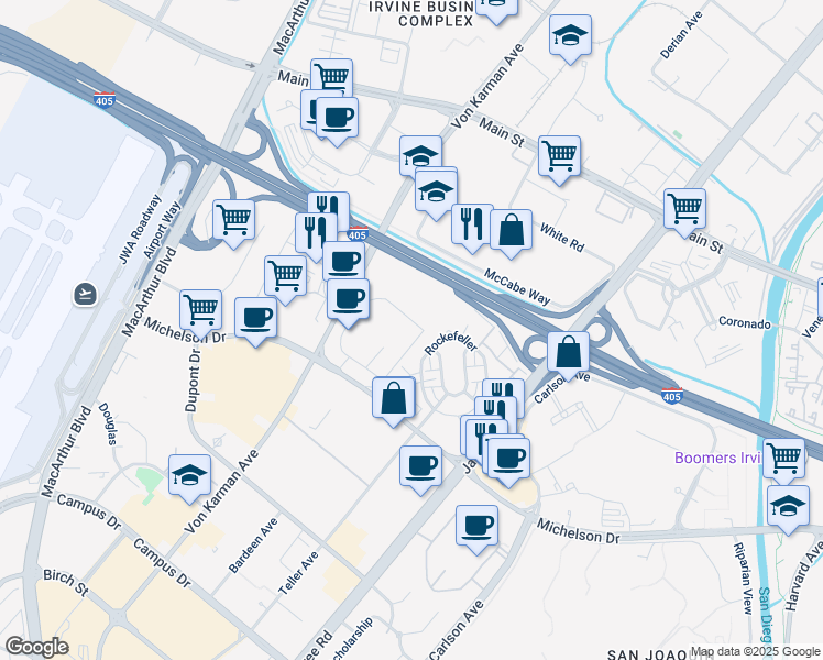 map of restaurants, bars, coffee shops, grocery stores, and more near 505 Rockefeller in Irvine