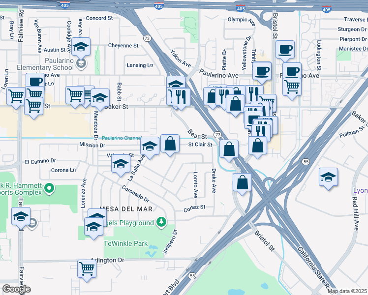 map of restaurants, bars, coffee shops, grocery stores, and more near 851 Saint Clair Street in Costa Mesa