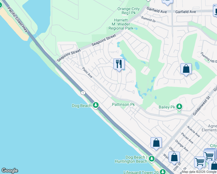 map of restaurants, bars, coffee shops, grocery stores, and more near 6152 Fernwood Drive in Huntington Beach