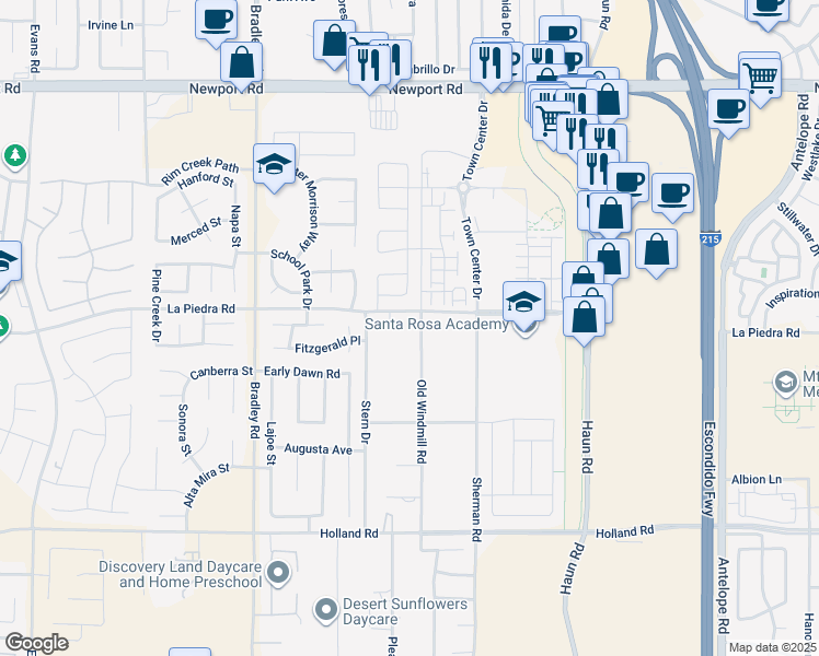 map of restaurants, bars, coffee shops, grocery stores, and more near 30525 Old Windmill Road in Menifee