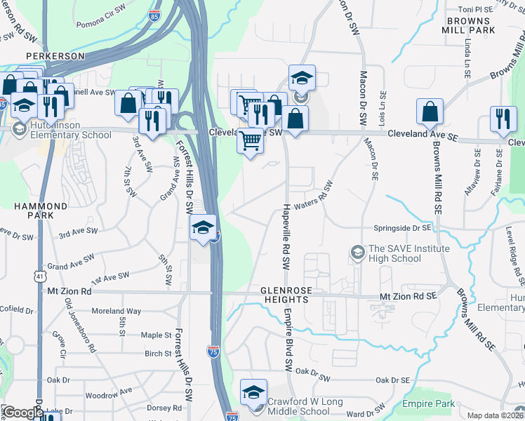map of restaurants, bars, coffee shops, grocery stores, and more near 2889 Waters Road Southwest in Atlanta