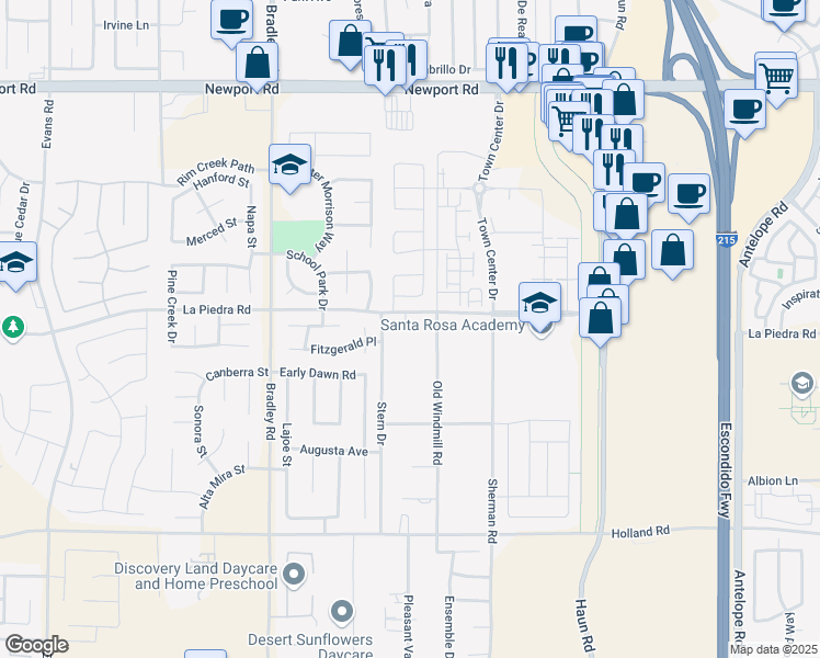 map of restaurants, bars, coffee shops, grocery stores, and more near 27321 La Piedra Road in Menifee