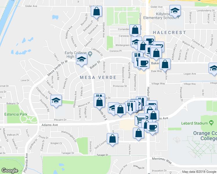 map of restaurants, bars, coffee shops, grocery stores, and more near 2925 Jacaranda Avenue in Costa Mesa