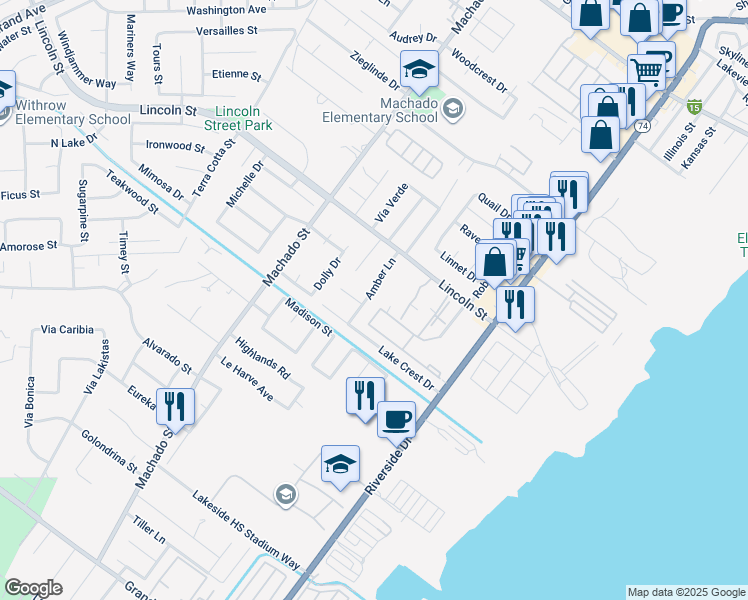 map of restaurants, bars, coffee shops, grocery stores, and more near 1030 Amber Lane in Lake Elsinore